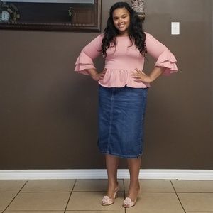 Pink, ruffled sleeve peplum top